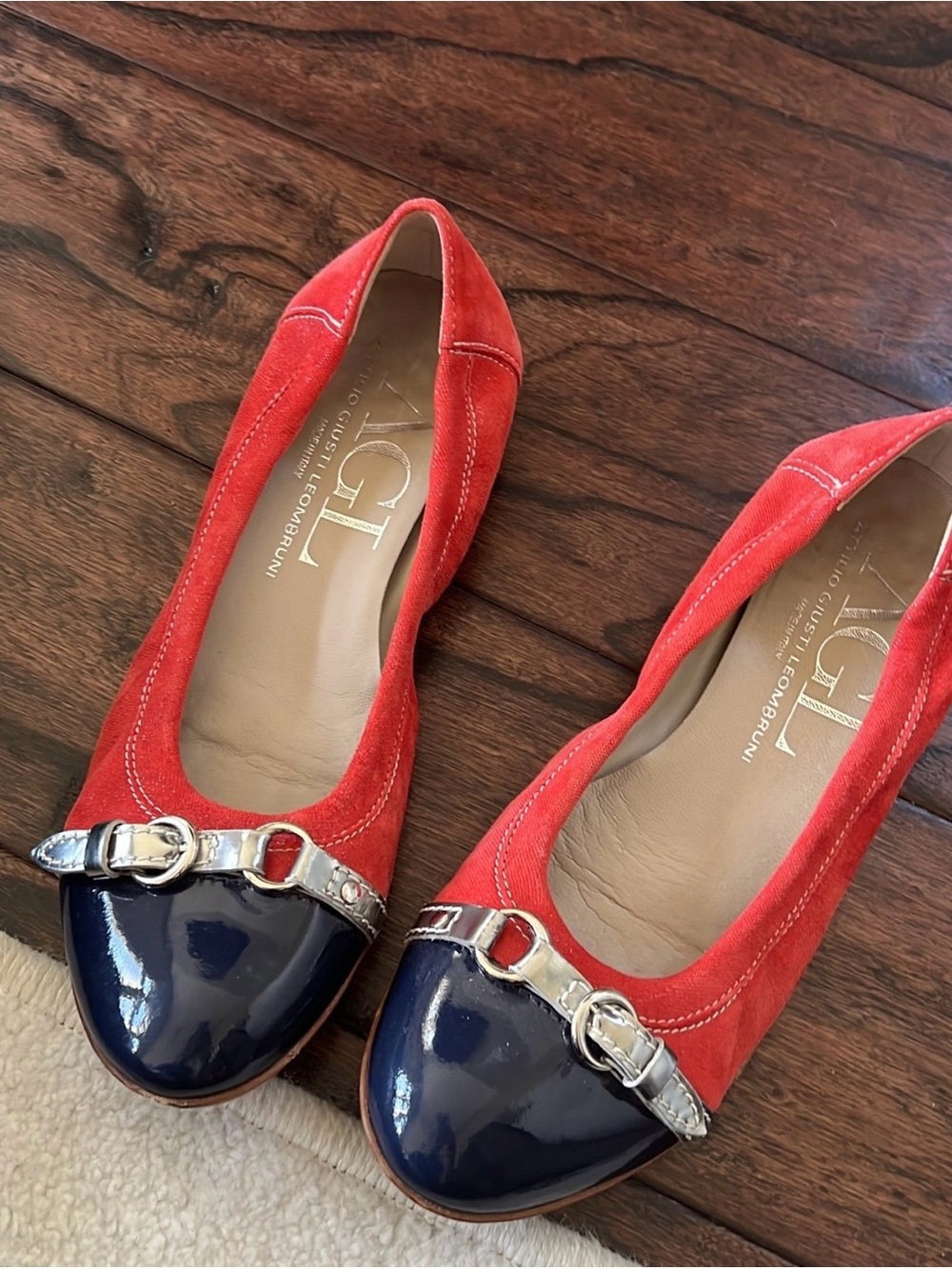 AGL Red Suede Flats with Navy Patent Cap-Toe and Silver Accent.
